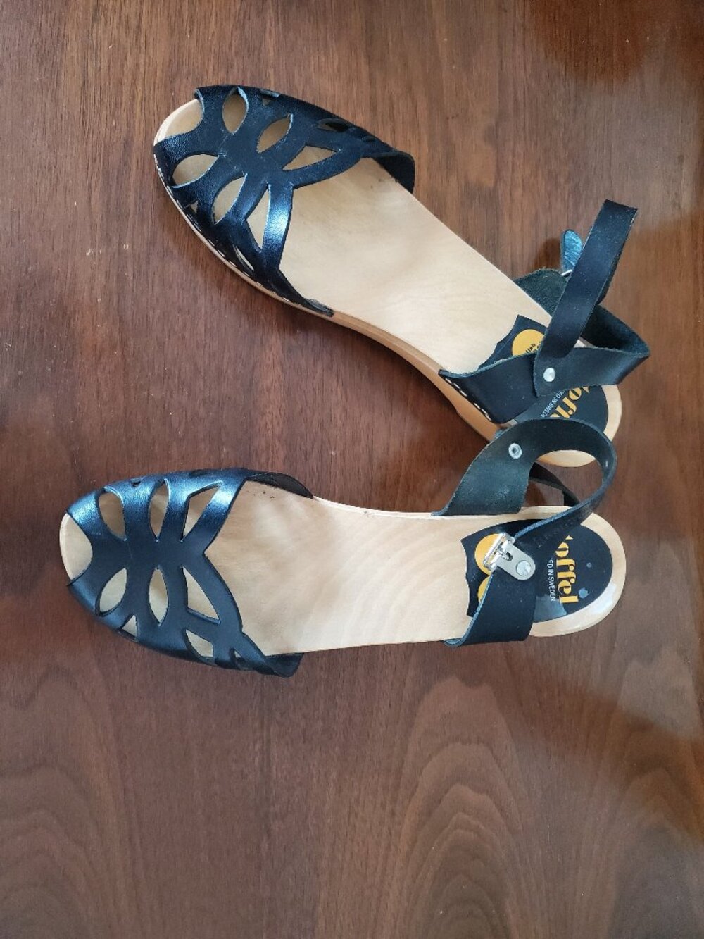Swedish Hasbeens Toffel Leather Black Ankle Strap Clog Sandals